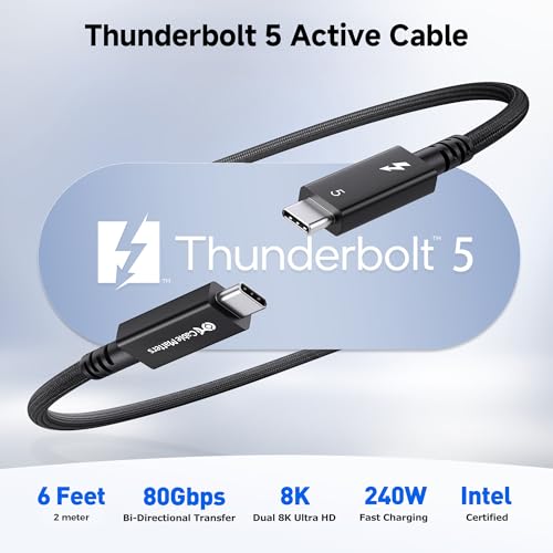 Image of Cable Matters [Intel Certified] 80Gbps Active Thunderbolt 5 Cable - 6.6ft / 2m, Supports up to 120Gbps Bandwidth Boost, 240W Charging, 8K Video, Compatible with Thunderbolt 4 /3, USB4, and USB-C