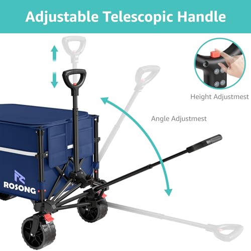 Image of ROSONG Collapsible Wagon Cart with Wheels Foldable - Folding Utility Heavy Duty Wagons Carts for Grocery Sports Garden Shopping Camping Wheelbarrows (120L Dark Blue with Lid)