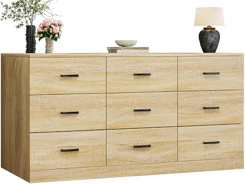 Image of 9 Drawer Dresser for Bedroom, 60'' Long Mid Century Modern Dressers TV Stand, Wood Vintage Chests of Drawers, Large Storage Organizer for Bedroom, Closet, Entryway, Natural Oak