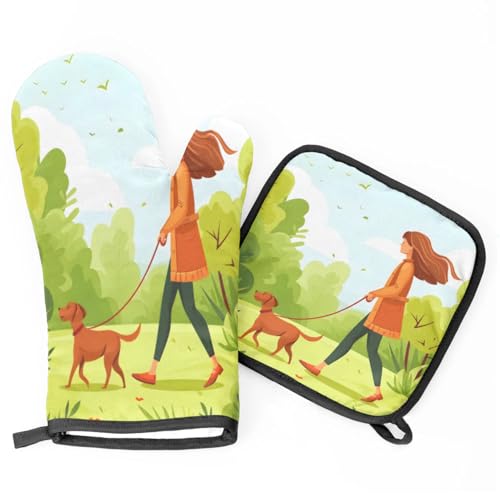 Outdoor Lady Dog Oven Mitts Kitchen Oven Gloves for Cooking Baking Heat Proof Lining Cotton Kitchen Potholder Mittens Pot Holders Hot Pads for Chef Women Men