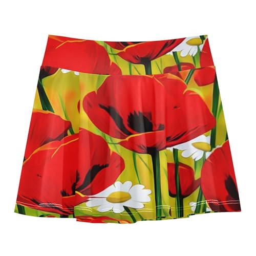 Painting Red Poppies Daisies Girls' Shorts Athletic Skorts Tennis Skirts for Kids Neon Girl Skort 3t