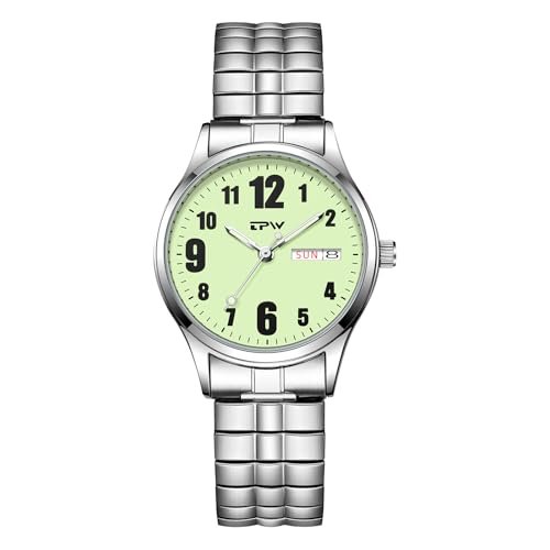 カップル腕時計 弾性バンド 夜光針 カレンダー 防水: 曜日 日付表示 大きな文字盤 高齢者 着脱簡単 伸縮 ステンレス アナログ メンズ レディース アラビア数字 ペアウォッチ 夫婦 - 記念日 贈り物