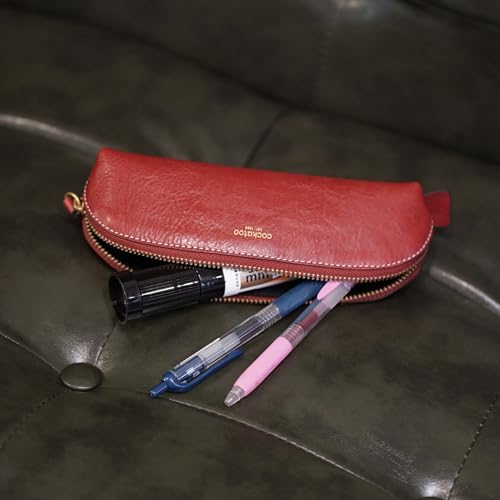 Image of Cockatoo Genuine Leather Pencil Pouch, Accessories holder, Stationery Bag, Zippered Pen Case for Work & Office (Scarlet)