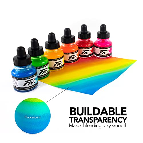 Daler-Rowney Fw Acrylic Ink Bottle 6-Color Neon Set - Acrylic Set Of Drawing Inks For Artists And Students - Permanent Art Ink Calligraphy Set - Calligraphy Ink For Color Mixing #TOP3