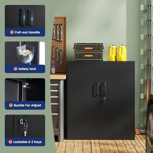 Image of Yizosh Metal Garage Storage Cabinet with 2 Doors and 2 Adjustable Shelves - 35.5 inch Steel Lockable File Counter Cabinet for Home Office,Garage,Gym,School(Black) (Pack of 2)
