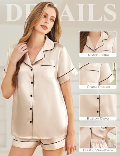 Image of Silk Pajamas for Women Short Sleeve Sleepwear Soft Button Down Loungewear 2 Piece Satin Pjs Shorts Set S-XXL