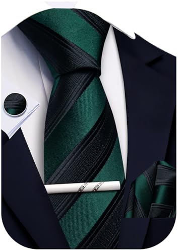 Ailisus Mens Black and Green Tie and Pocket Square Set Silk Striped Necktie Handkerchief Cufflinks Tie Clip Business Formal