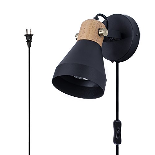 TeHenoo Wall Lamp with Natural Wood Cap,Rotable Wall Light with On-Off Switch Cord for Bedside,Living Room,Kitchen,Matte Black