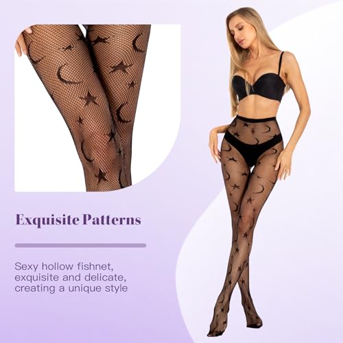 MANZI 2 Pairs Women's Patterned Fishnet Tights Floral Lace Fishnets Stockings High Waist Goth Pantyhose4