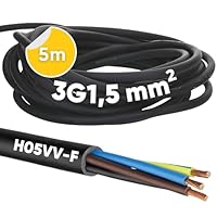 5 Meter Kalitec H05VV-F Schlauchleitung 3x1,5 mm² I Stromkabel 3G1,5 mm2 mit Schutzleiter I PVC Kabel für Innenbereich I Elektrokabel schwarz I Lampenkabel flexibel I Gerätekabel 3 adrig