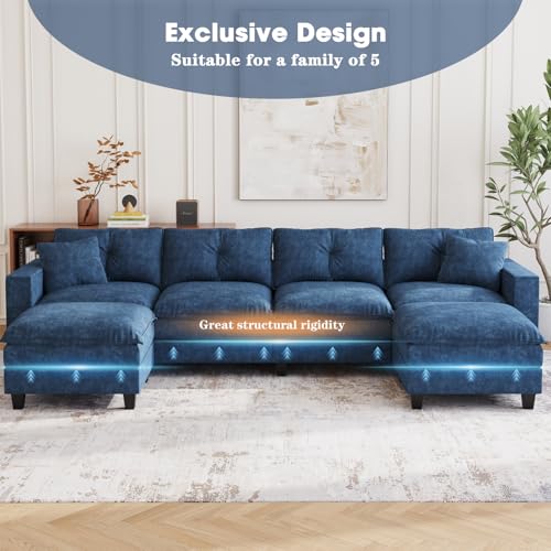 Image of 137 inch,U Shaped Couch,Modern Modular Sectional Sofa, 4-Seater Comfy Cloud Couch with Two Movable Ottoman & Throw Pillows for Living Room, Bedroom and Apartment, Dark Blue