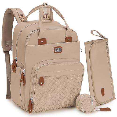 Image of Dikaslon Diaper Bag Backpack with Portable Changing Pad, Pacifier Case and Stroller Straps, Large Unisex Baby Bags for Boys Girls, Multipurpose Travel Back Pack for Moms Dads, Milk Tea Khaki