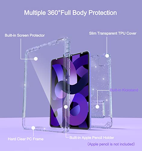 Rantice Ipad Air 5Th/4Th Generation Case With Screen Protector (2022/2020), 10.9 Inch Ipad Air Case With Pencil Holder, Slim Shockproof Ipad Air 10.9 Case With Kickstand For Kids Girls, Clear Glitter #TOP2