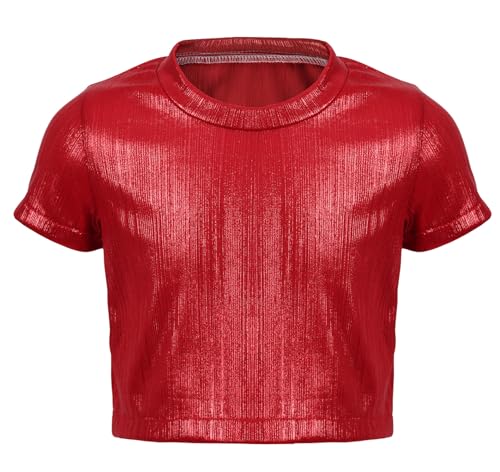 Image of 2025 Shiny Metallic Crop Top Kids Short Sleeve Dance T Shirt Casual Concert Sequin Tee Party