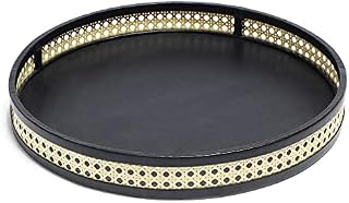 Spinningfield Round Decorative Tray - Black & Cane Rattan Display Tray - Modern Organiser Vanity Tray for Countertop, Table Centrepiece, Dressing & Console Table, Kitchen, Living Room