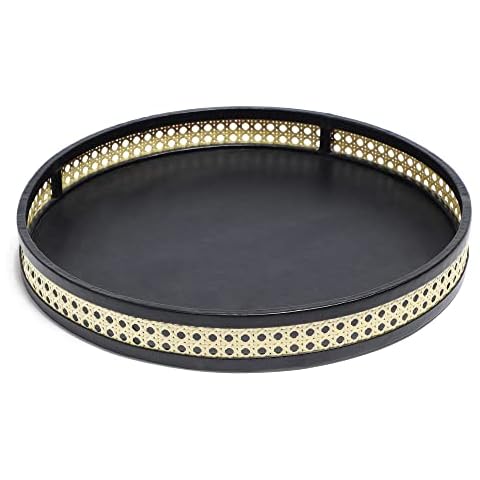 Spinningfield Round Decorative Tray - Black & Cane Rattan Display Tray - Modern Organiser Vanity Tray for Countertop, Table Centrepiece, Dressing & Console Table, Kitchen, Living Room Cover