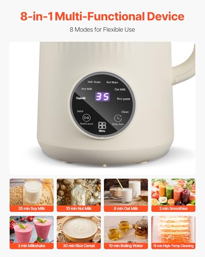 VEVOR 8-in-1 Nut Milk Maker, 41 oz Soy Milk Maker Machine with 10 Blades, for Homemade Oat, Nut, Soy, Juice, Milkshake, Rice Cereal, Plant-Based Beverages with Self-Cleaning, Boil Water, 12-Hour Delay