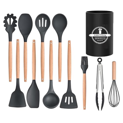 ustensiles de cuisine, Kitchen utensils set 11 pièces with wooden handle silicone, Black