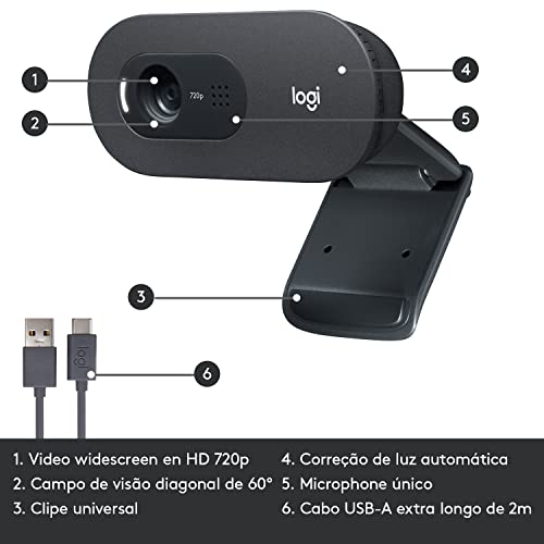Webcam HD Logitech C505 com Microfone Embutido de Longo Alcance e 3 MP para Chamadas e Gravações em