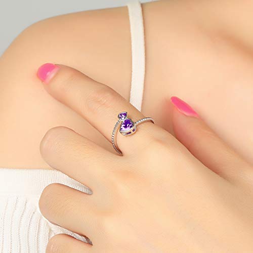 February Birthstone Ring S925 Sterling Silver Jewelry Gift For Teen Girls Daughter Women - Adjustable Heart Promise Knuckle Rings Band With Purple Heart Stone - Constellation Birthday Thanksgiving Day Christmas Valentine's Day Party Graduation Gifts Jewelry #TOP5