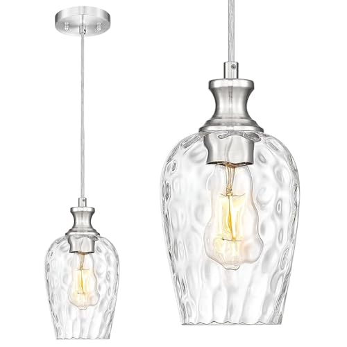 Image of Brushed Nickel Pendant Light Kitchen Island, Hammered Clear Glass | 1-Pack, Hanging Lights Fixtures with Hand-Blown Glass Shade, Farmhouse Kitchen Island Lighting Over Sink, AD-24027-1P-SN