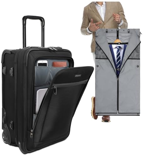 Travel Suitcase with Wheels, Soft Sided Luggage with Built in Garment Bag & Front Laptop Compartment, 22 Inch Rolling Suitcase for Business Travel, Jet Black
