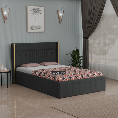 Image of Solid Wood Upholstered Single Bed for Bedroom with Storage | Premium Fabric with Button Tufted Headboard | Wooden Single Cot /Palang for Home | Modern Single Bed | Dark Grey