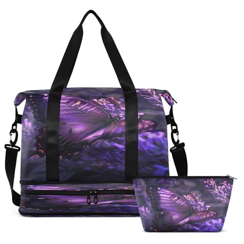 Butterfly Purple Flower4 Travel Duffel Bag Waterproof Gym Sport Tote Bag Carry On Weekender Bag with Compartment2