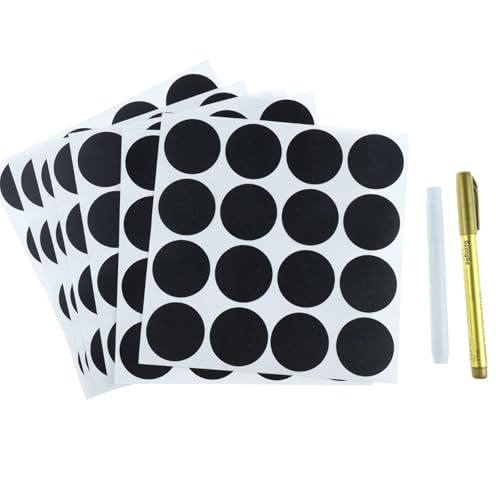 112 Stück Etiketten Selbstklebend, Schwarz Runde Tafel Aufkleber, Sticker zum Beschriften mit 2 Stiften, 4cm Löschbar Vorratsetiketten, Wasserfest Küchenetiketten für Gewürzgläser, Marmeladen
