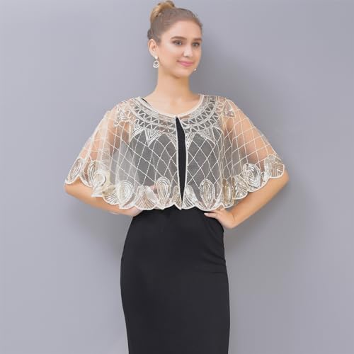 GIBZ Sequin Shawl and Wraps for Evening Dresses, 1920s Tulle Cover Up, Vintage Cape for Gatsby Party3