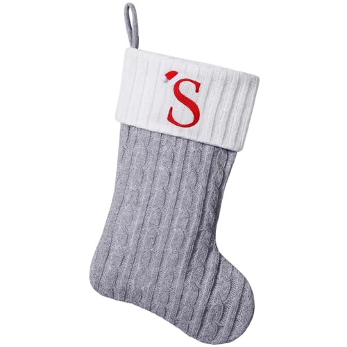 Yehnois 19"Personalized Grey Knit Christmas Stockings,Embroidered Initial S