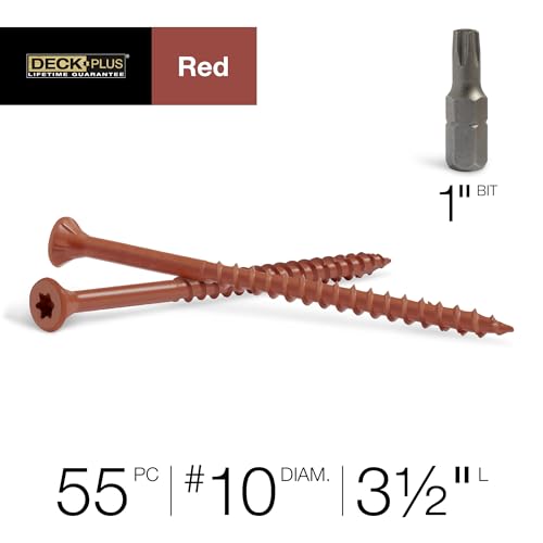 Image of Deck Plus 3-1 /2 Inch Epoxy Coated Exterior Wood and Fence Screws #10 x 3-1 /2 inch Torx /Star Drive Included Coarse Thread, Outdoor Rust Resistant Decking Screw, Red, 1lb Box, 55 Pieces | 48435