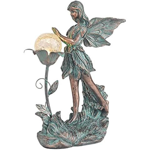 TERESA'S COLLECTIONS Gartenfiguren für Außen, Gartendeko für draußen, 13.2 Zoll Fee Gartenfigur mit Solar Glaskugeln, wasserdichte Outdoor Feengartenstatue, Harz Elfen Bronze Cover