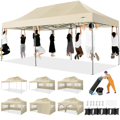 COBIZI 10x20 Heavy Duty Pop up Canopy Tent with 6 sidewalls Easy Up Commercial Outdoor Canopy Wedding Party Tents for Parties All Season Wind & Waterproof Gazebo with Roller Bag,Khaki(Frame Thickened)