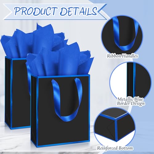 Image of Yeaqee 24 Pack Metallic Paper Gift Bags, Black, Blue | with Satin Ribbon Handle and Tissue, 9x7x3.1 Inch, Suit Business, Birthday, Christmas, Thank You Return Gifts Bags