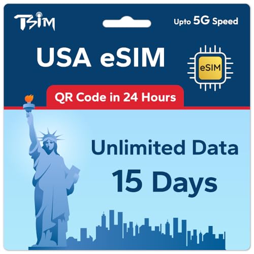 TSIM USA eSIM 15 Jours | Données illimitées | 5G Multi-Opérateurs | Activation Automatique | Forfait Rechargeable | Hotspot autorisé | QR eSIM envoyé sous 24 h | Data Only