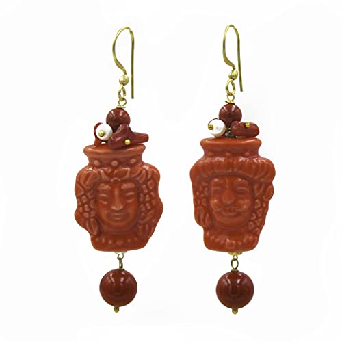 MARARDI Orecchini Donna Italiani [Rosso] Ceramica di Caltagirona [Testa di Moro] Lungo Handmade Gioielli Italiani Originali Eleganti per...