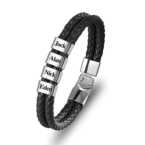 Dreamdecor Personalized Mens Leather Bracelet With Custom Beads - Engraved Names Jewelry, Customized Gifts For Dad Men #TOP6