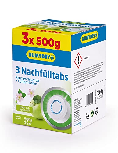 HUMYDRY Nachfüllpack TAB 3x500g mit Apfelduft für Luftentfeuchter ohne Strom | Beseitigt Feuchtigkeit in mittelgroßen Räumen wie Schlafzimmern, Bäder, Kuchen | Absorbiert Feuchtigkeit Cover