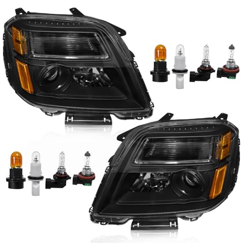 Wksaesi Headlight Assembly with Bulbs Compatible with GMC Terrain 2010 2011 2012 2013 2014 2015 Halogen Headlamp Replacement for 84791974 84791975 Left and Right Side Black Housing Amber Reflector