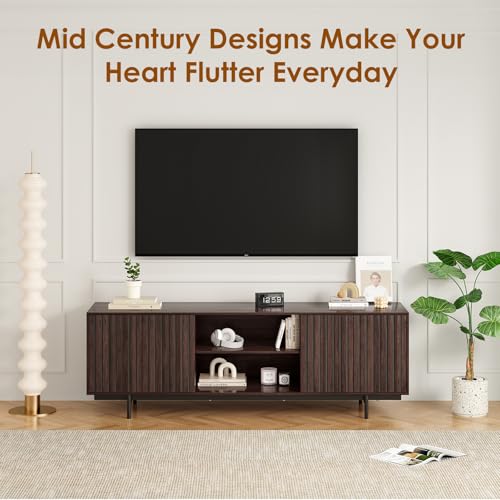 Soohow Mid Century Modern TV Stand for TVs Up to 75\", Farmhouse Fluted TV Stand, Retro Wood TV Stand with Storage and Shelf, Entertainment Center with Pop-Up Doors for Living Room, Bedroom, Walnut - Thumbnail 3