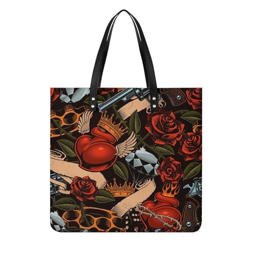 Sac à main shopper cœur avec fleur rose : grand tote bag de voyage pour femmes de 39x39cm