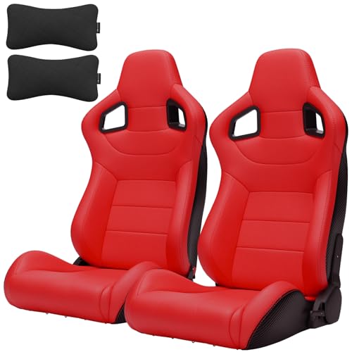 2 Pièces de Sièges de Course Universels Baquet, Sièges Baquet en Cuir PVC avec Doubles Coulisses, 2 Coussins Appuie-tête, Reclinables Aspect Carbone pour Côté Conducteur et Passager 56 cm L x 93 cm H