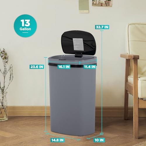 Image of BestOffice | 13 Gallon Plastic Trash Can with Lid | Gray | Automatic Touchless Garbage Can | Odor Control | Modern Oval Design | Easy to Clean | For Kitchen, Bathroom, Office or Home
