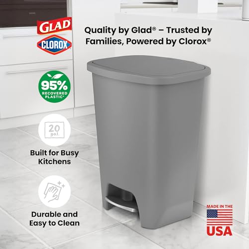 Image of Glad 20 Gallon Trash Can with Clorox Odor Protection | Plastic Kitchen Waste Bin | Hands Free with Step On Foot Pedal and Garbage Bag Rings, Grey
