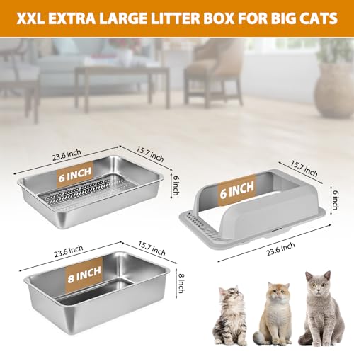 Edelstahl-Wurfkiste, XXL-Sieb-Wurfkiste für Kiefernpellets, Hochseiten-Metall-Wurfkastensystem für Großkatzen mit Kunststoffschaufel &10 Urinpads (8 Inch)