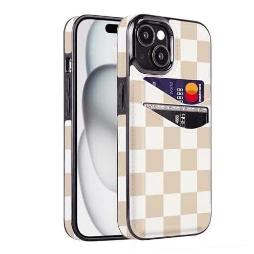Obbii for iPhone 13/14/15 Case with Card Holder Soft Leather Wallet Case Protective Shockproof Hard Cover for Women Man (Checkerboard)