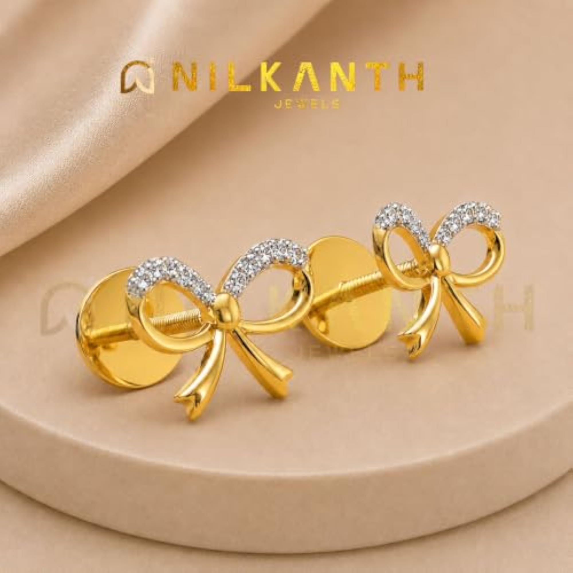 Women's IGI Certified 18Kt Gold Plated Ribbon Bow American Diamond Stud Earrings