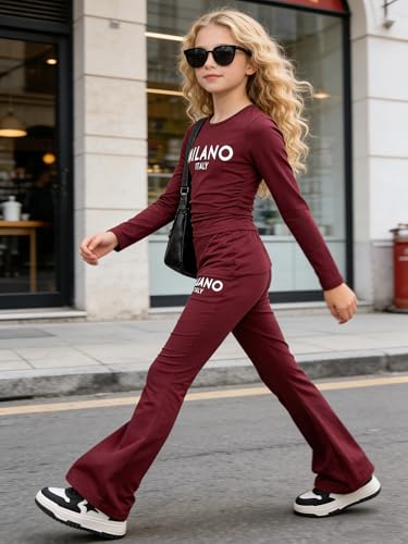 Image of OLMRJKD Girls 2 Piece Outfits Long Sleeve Letter Printed Sweatshirt & Flared Pants Fall Clothing Set Size 7-14 Years