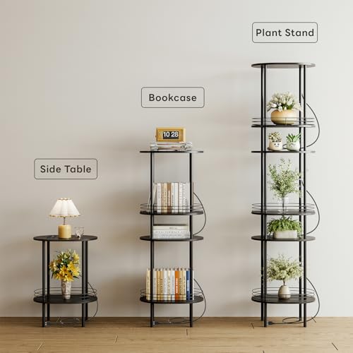 Image of Small Oval Side Table with Charging Station, 2-Tier Black Round End Table | Narrow Nightstand with USB Ports and Outlets, Bedside Table for Small Space - Living Room, Bedroom, Nursery,(1PC,Black)